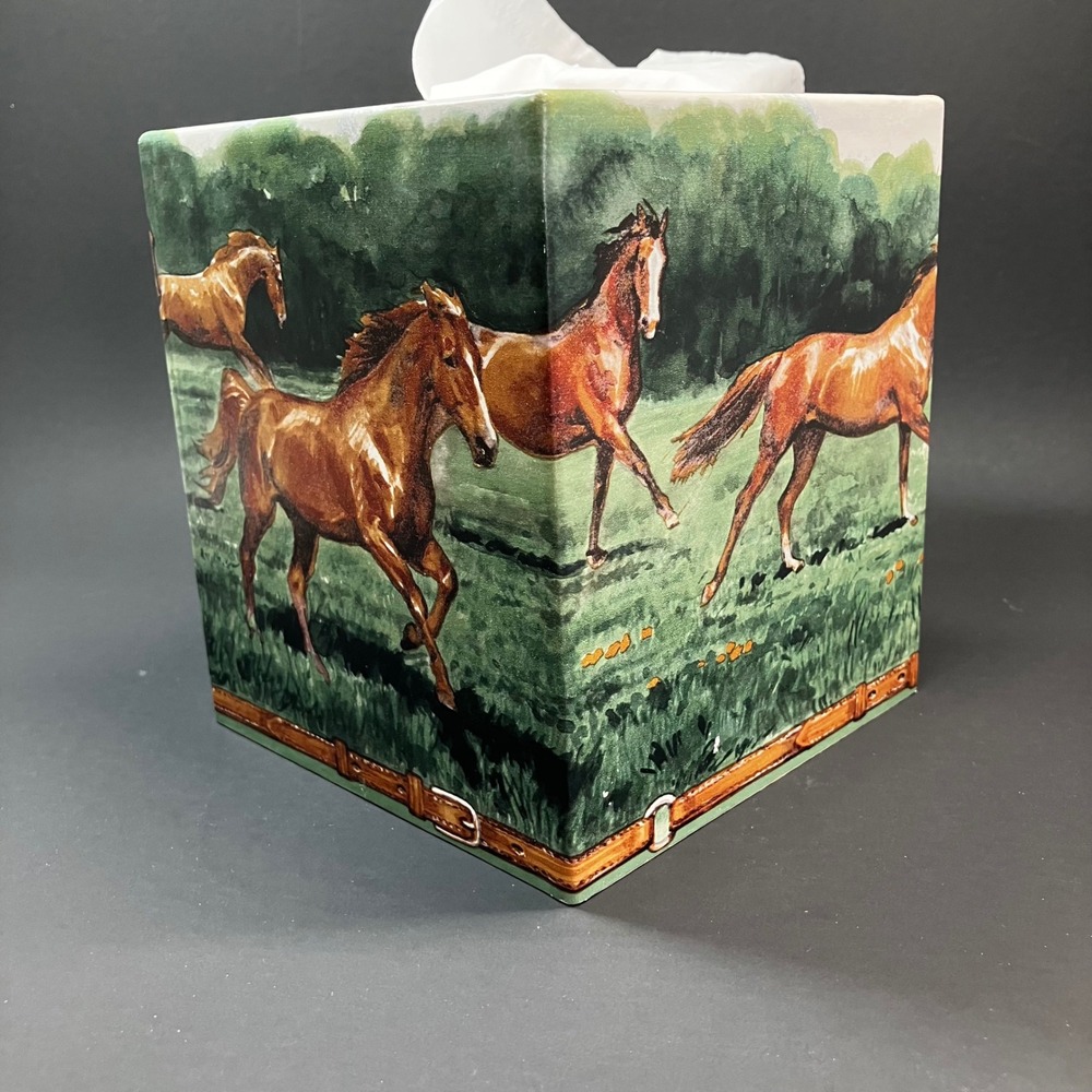 Connie's Creations Wood Tissue Box Cover Equestrian Running Horses Green - Picture 10 of 11
